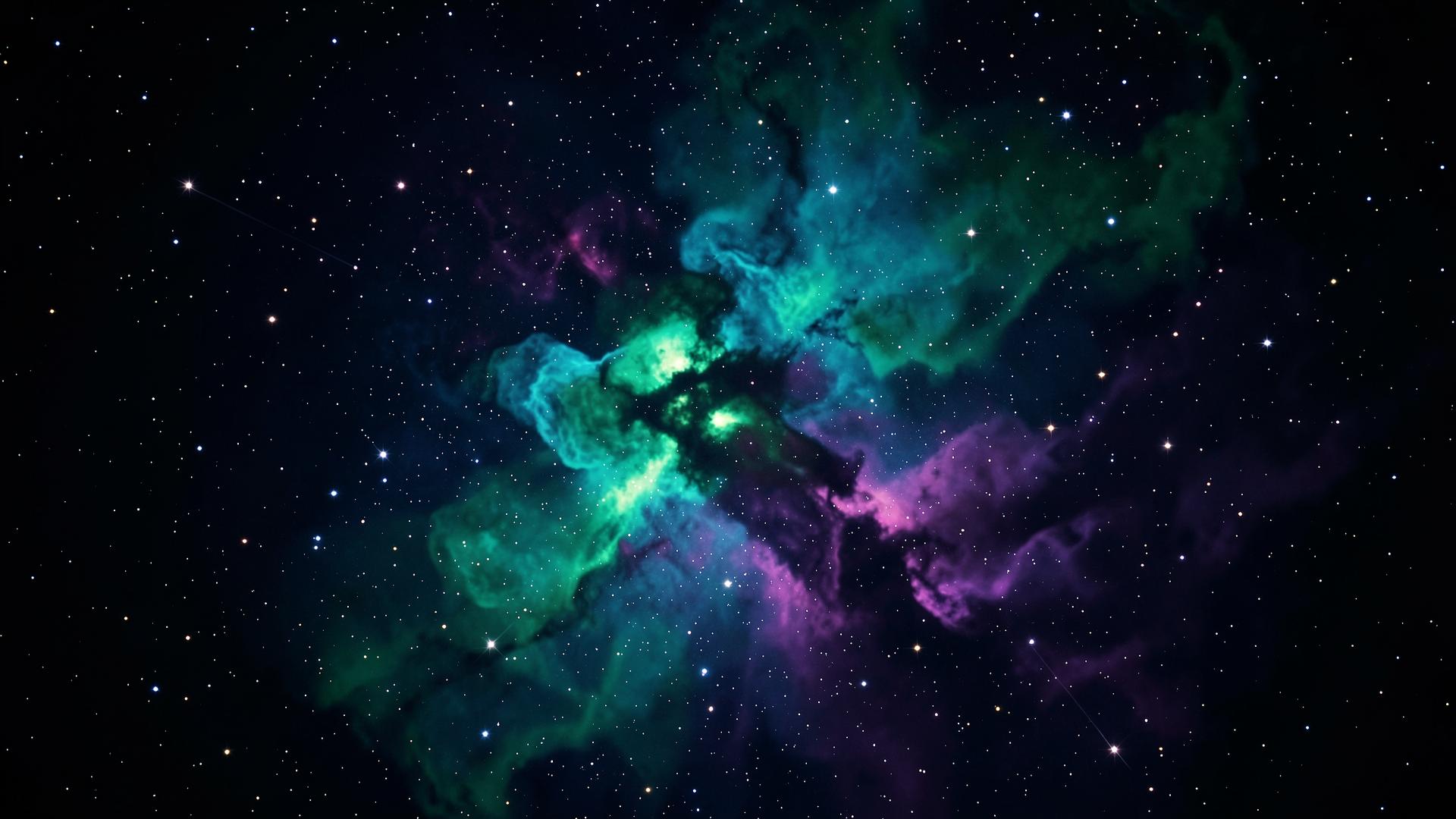 Nébuleuse colorée bleue, verte et violette parsemée d'étoiles